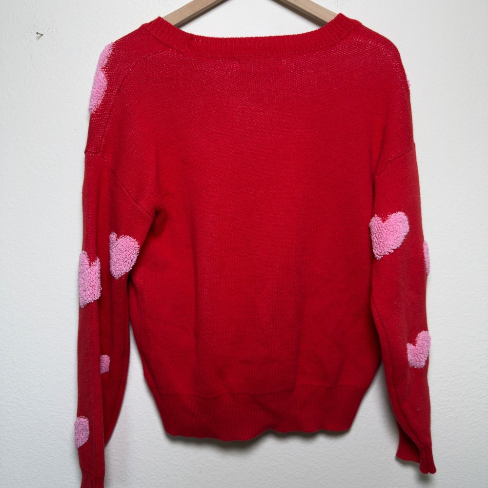 33 Degrees Women Cardigan Sweater Medium Red Pink Fuzzy‎ Heart Preppy Novelty - Picture 8 of 9